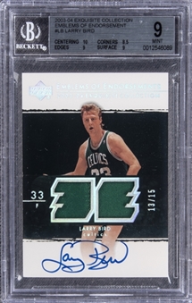 2003-04 UD "Exquisite Collection" Emblems of Endorsement #LB Larry Bird Signed Game Used Patch Card (#13/15) – BGS MINT 9/BGS 10
